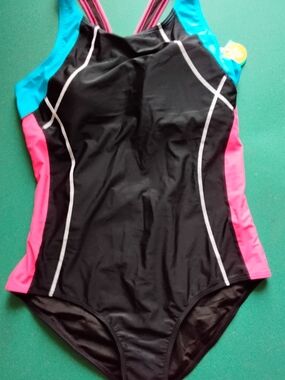 Black One-Piece Swimsuit with Pink & Blue Accents